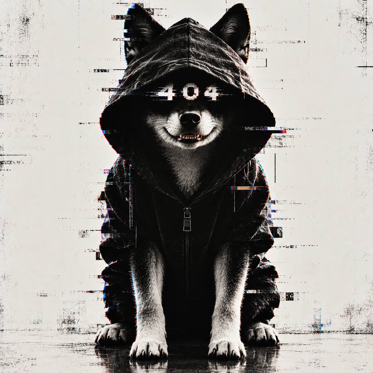 An anonymous dog wearing a dark hoodie, with 404 across its eyes.